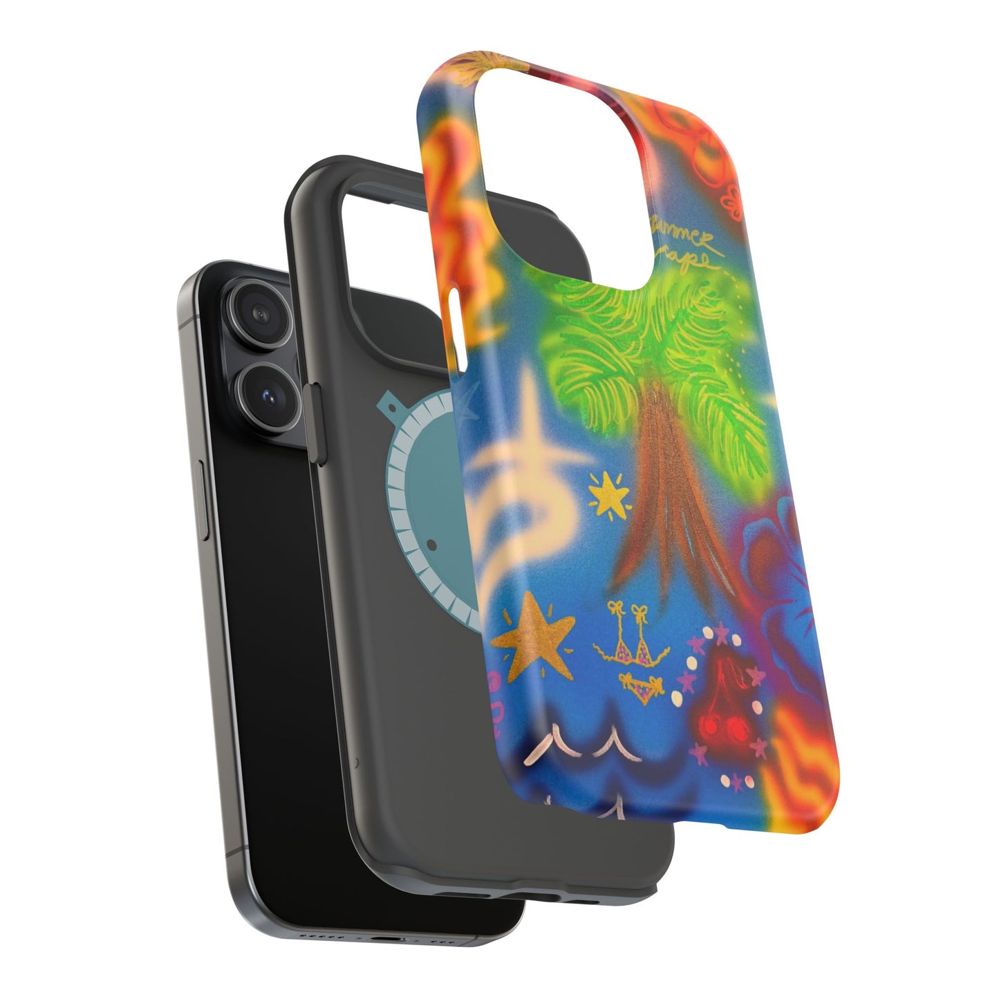 MagSafe iPhone-Hülle mit „Neon-Blaue Palmen“-Airbrush-Design