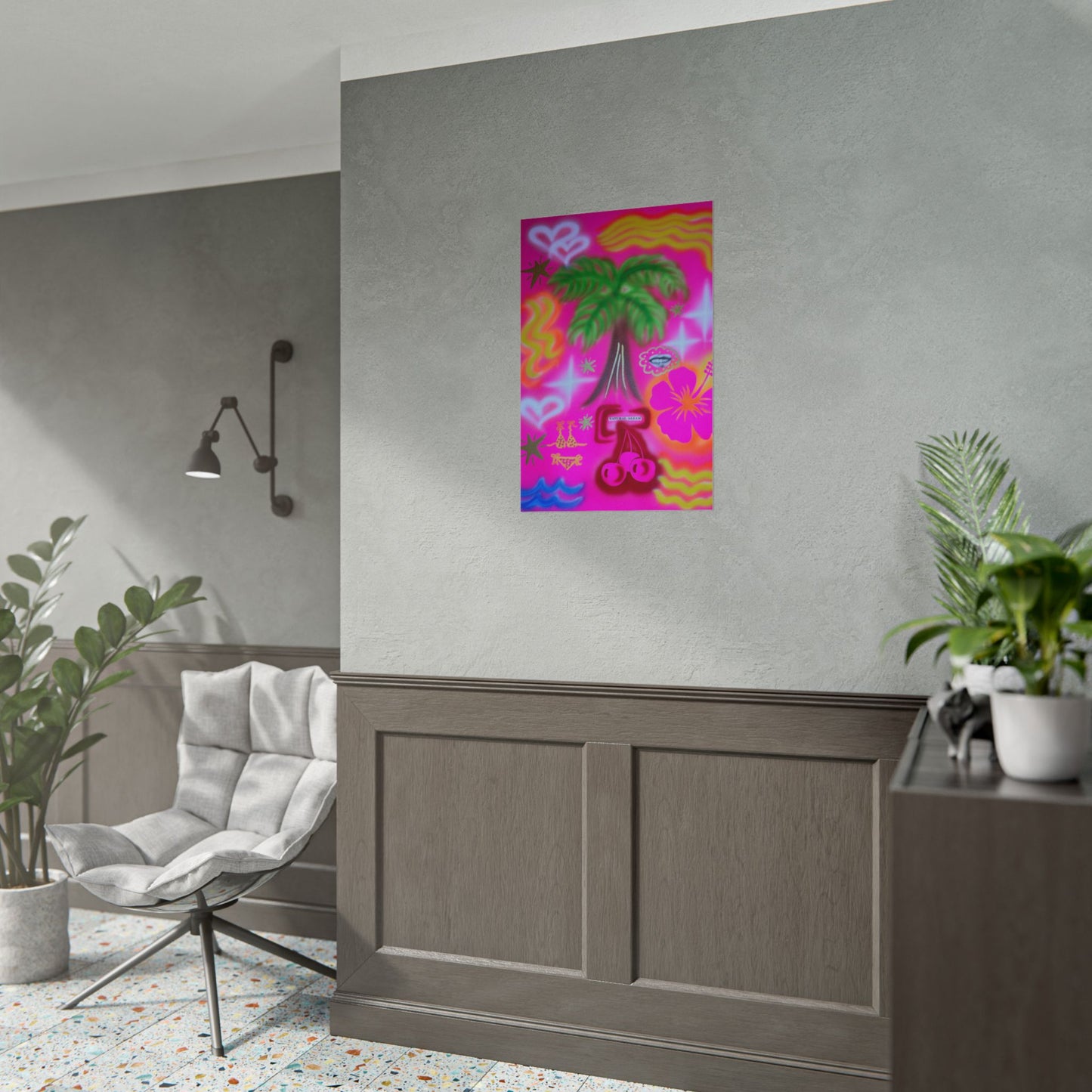 "neon pink palms" airbrush rolled print