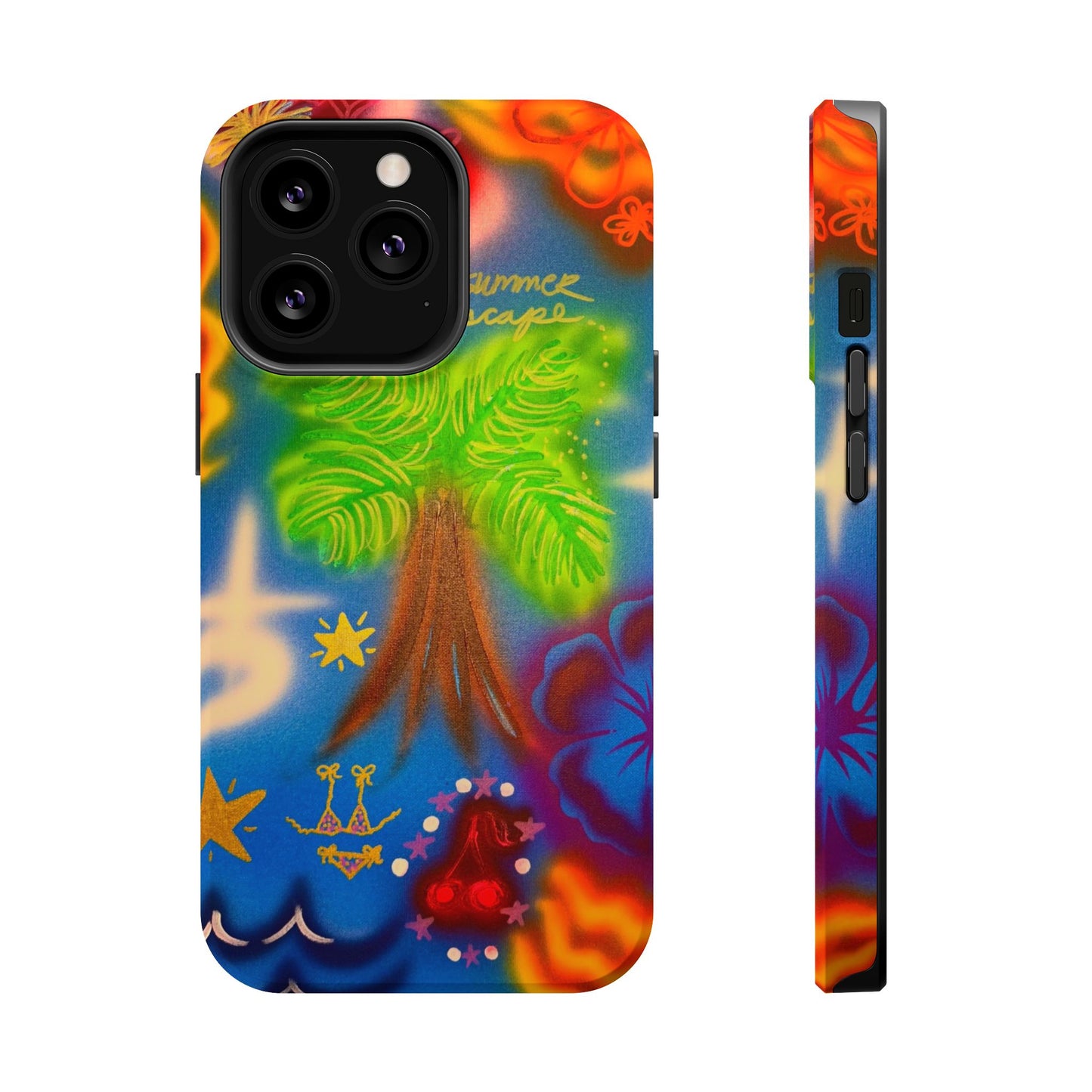 MagSafe iPhone-Hülle mit „Neon-Blaue Palmen“-Airbrush-Design