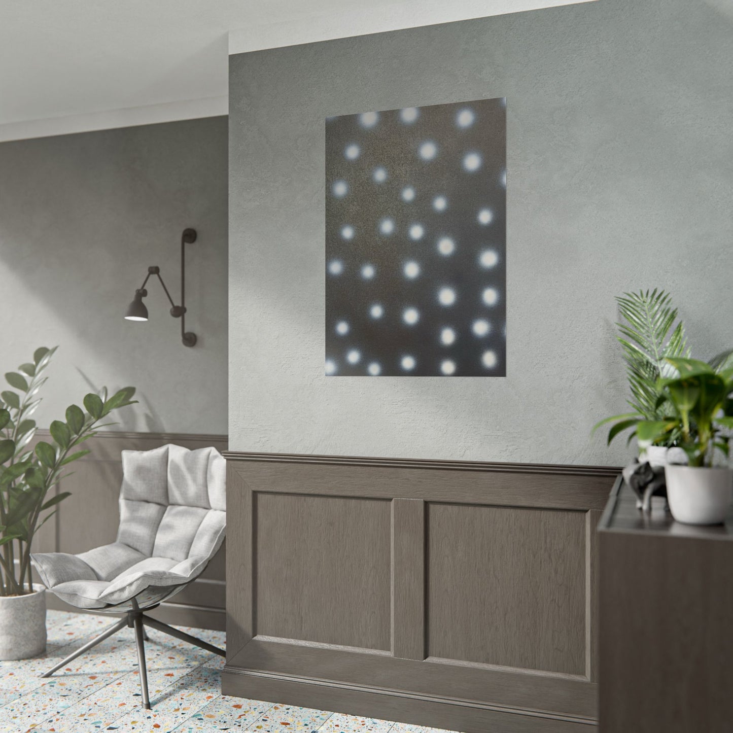 "coconut noir polka dots" airbrush rolled print