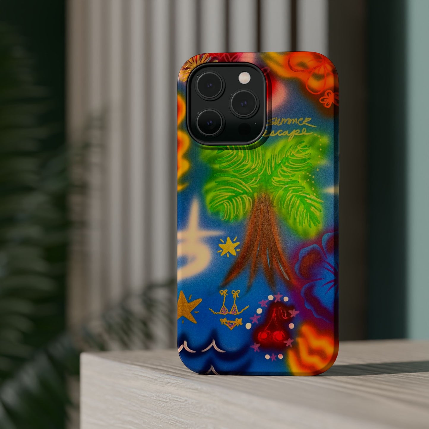 MagSafe iPhone-Hülle mit „Neon-Blaue Palmen“-Airbrush-Design