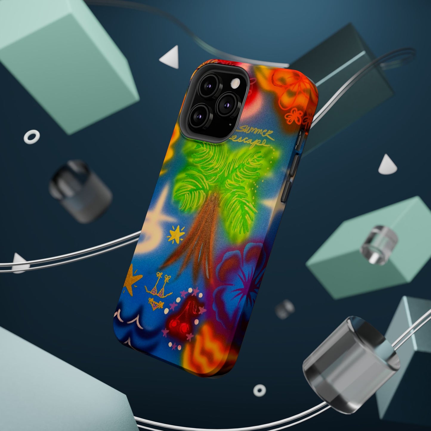 MagSafe iPhone-Hülle mit „Neon-Blaue Palmen“-Airbrush-Design