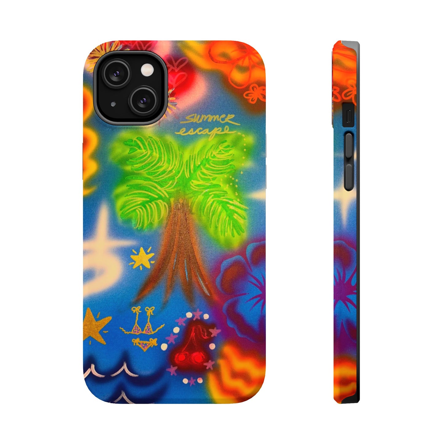 MagSafe iPhone-Hülle mit „Neon-Blaue Palmen“-Airbrush-Design