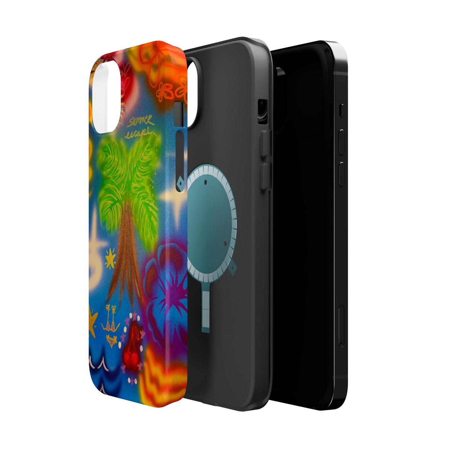 MagSafe iPhone-Hülle mit „Neon-Blaue Palmen“-Airbrush-Design