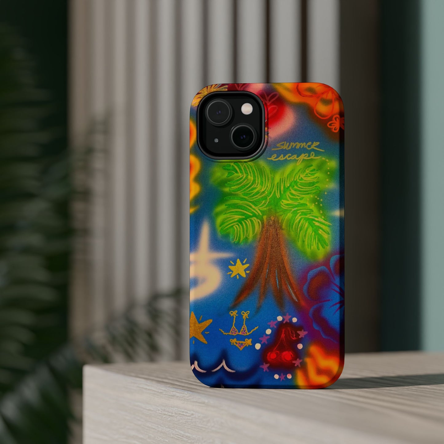 MagSafe iPhone-Hülle mit „Neon-Blaue Palmen“-Airbrush-Design