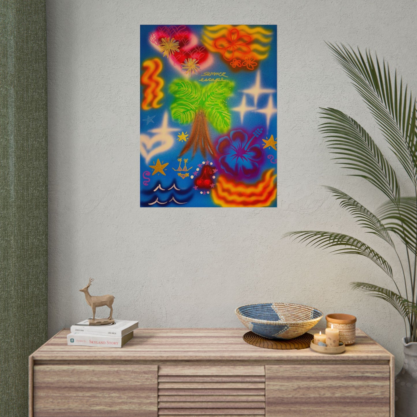 "neon blue palms" airbrush rolled print