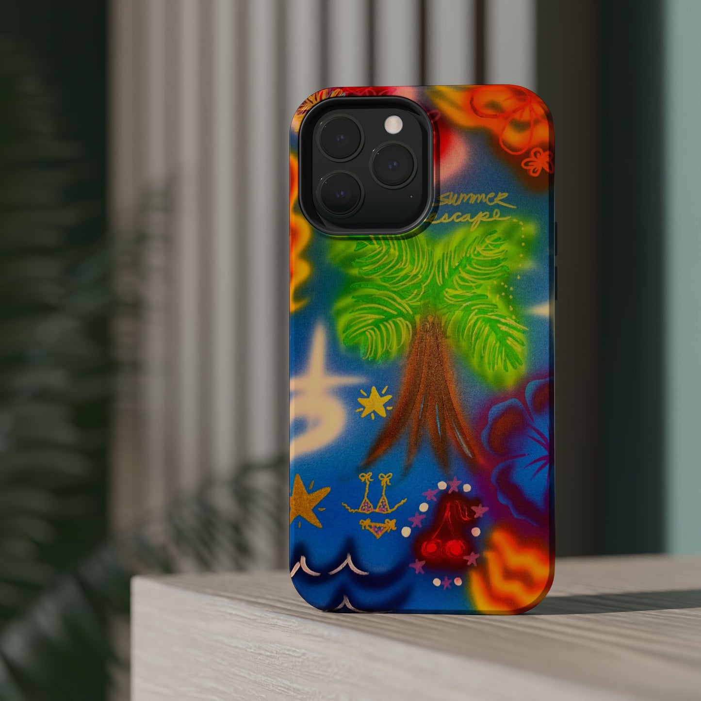 MagSafe iPhone-Hülle mit „Neon-Blaue Palmen“-Airbrush-Design