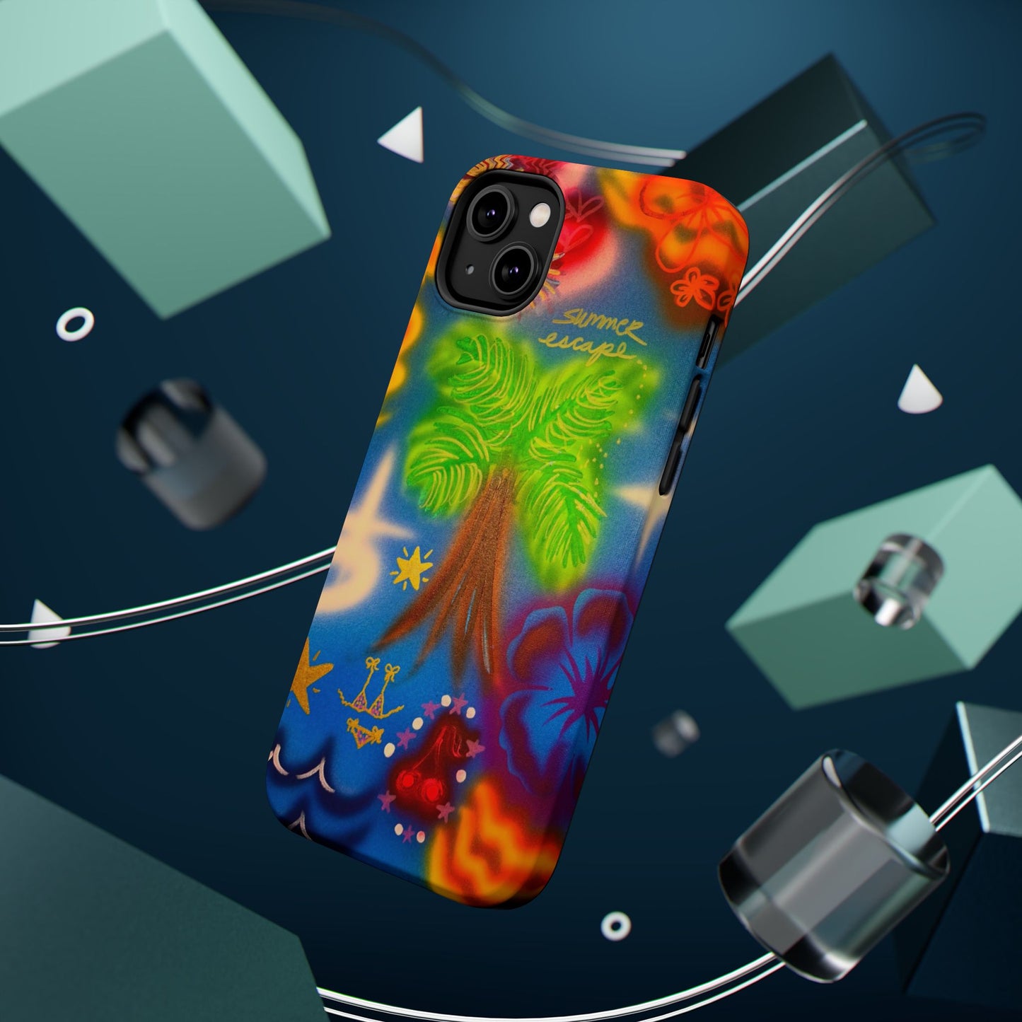 MagSafe iPhone-Hülle mit „Neon-Blaue Palmen“-Airbrush-Design