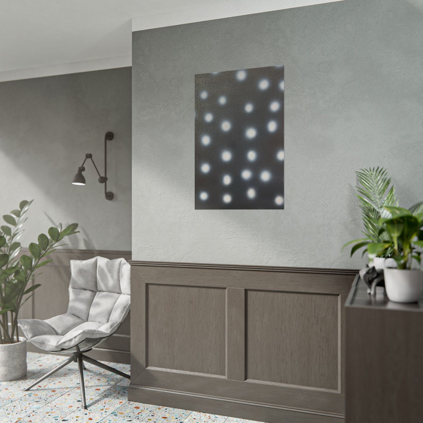 "coconut noir polka dots" airbrush rolled print