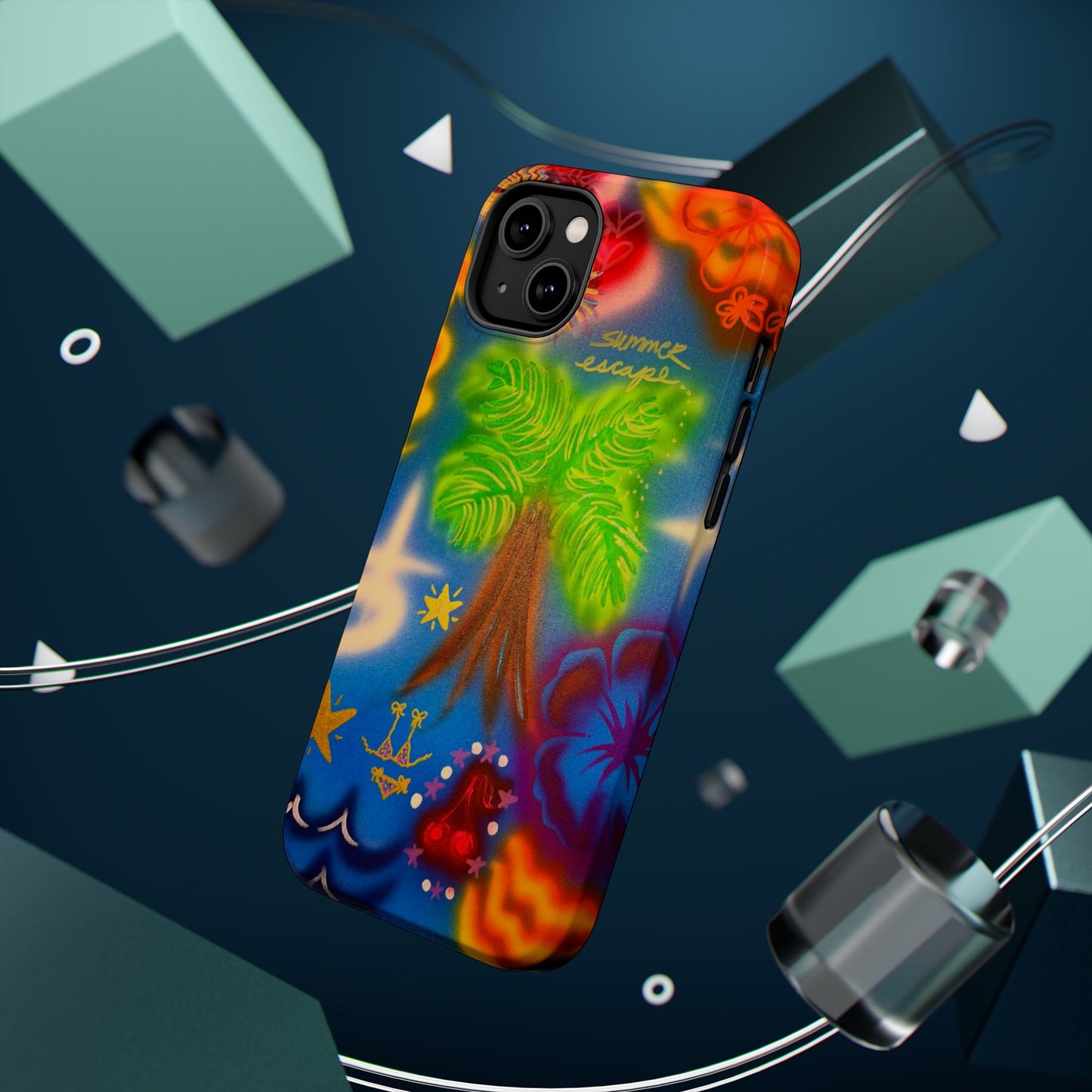 MagSafe iPhone-Hülle mit „Neon-Blaue Palmen“-Airbrush-Design