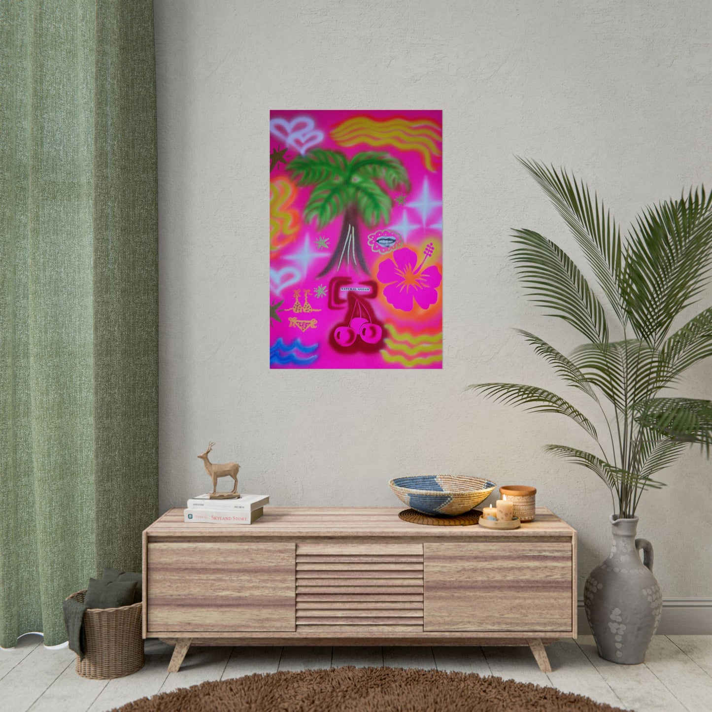 "neon pink palms" airbrush rolled print