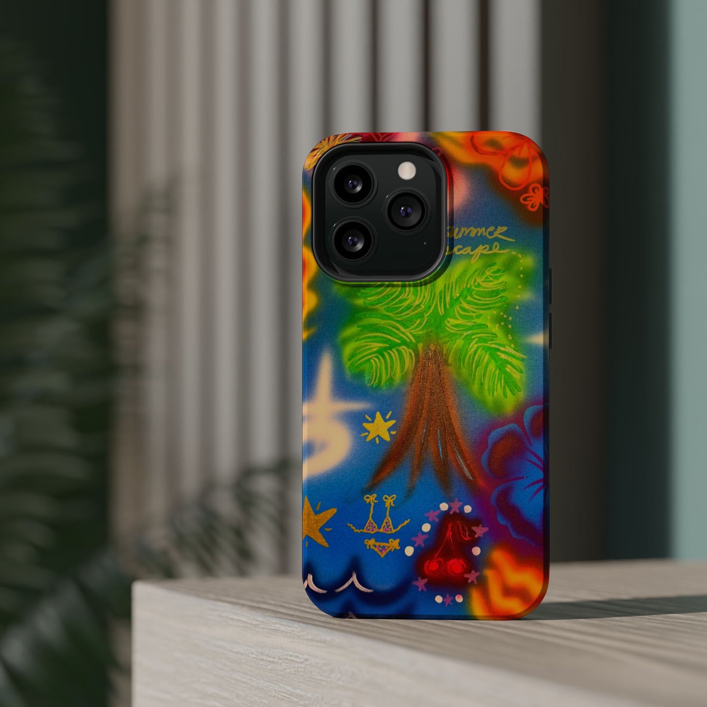 MagSafe iPhone-Hülle mit „Neon-Blaue Palmen“-Airbrush-Design