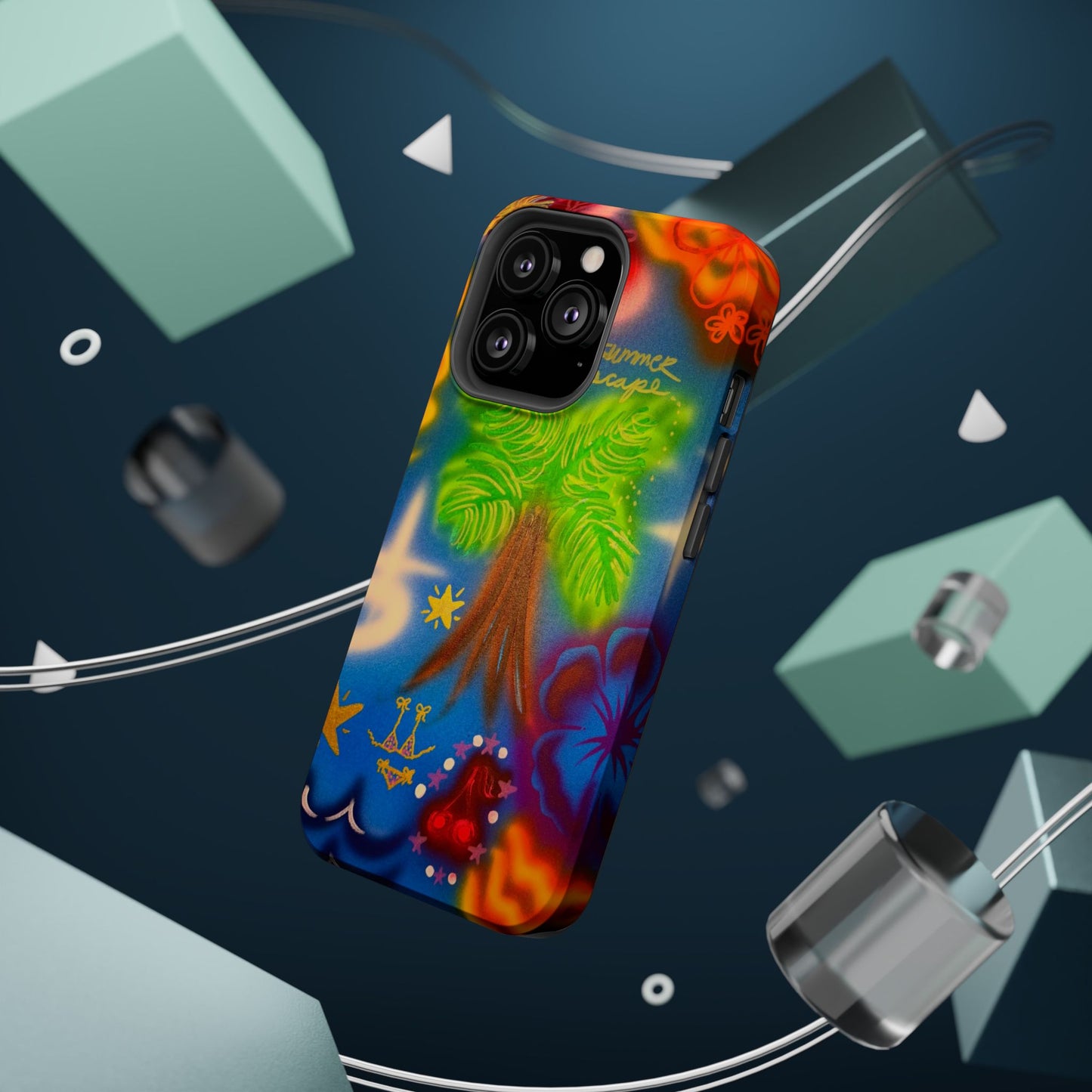 MagSafe iPhone-Hülle mit „Neon-Blaue Palmen“-Airbrush-Design