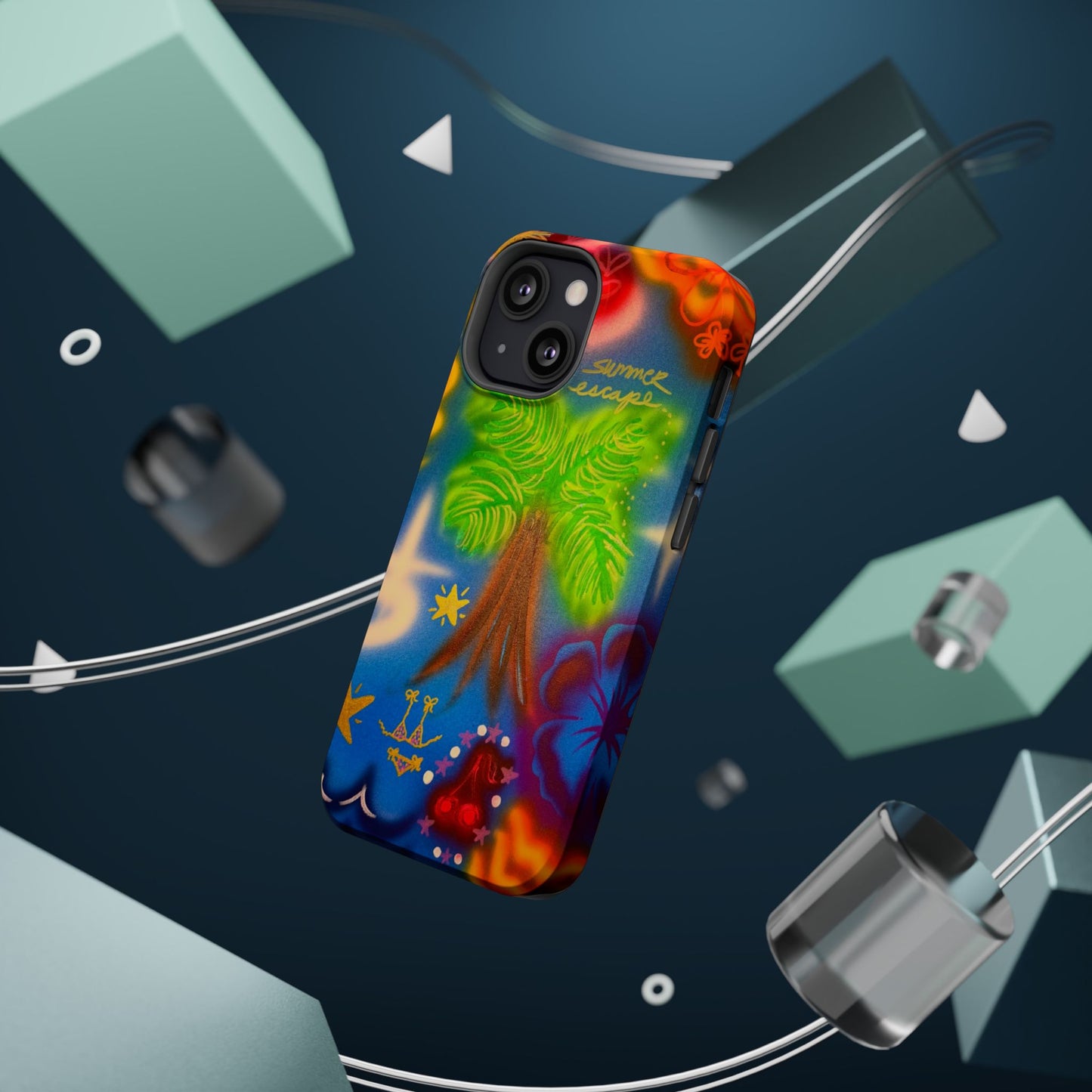 MagSafe iPhone-Hülle mit „Neon-Blaue Palmen“-Airbrush-Design