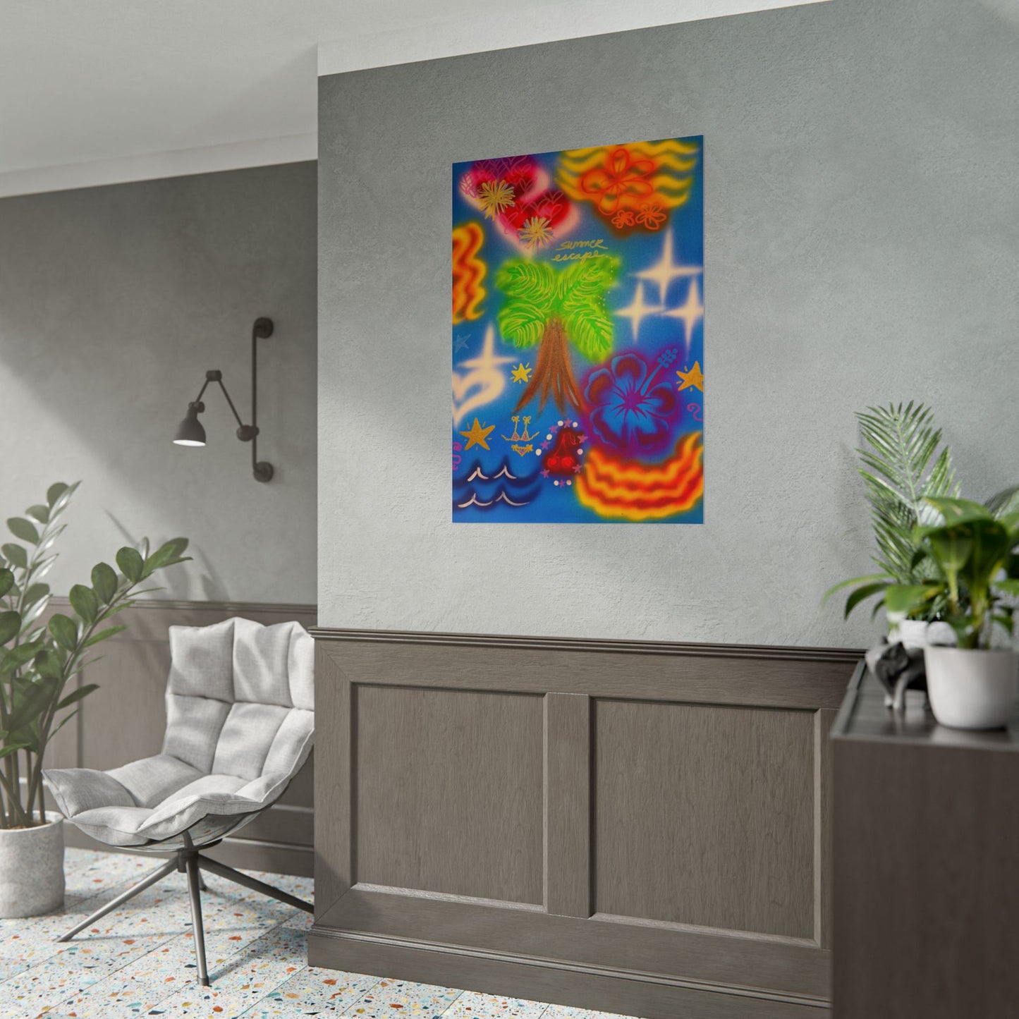 "neon blue palms" airbrush rolled print