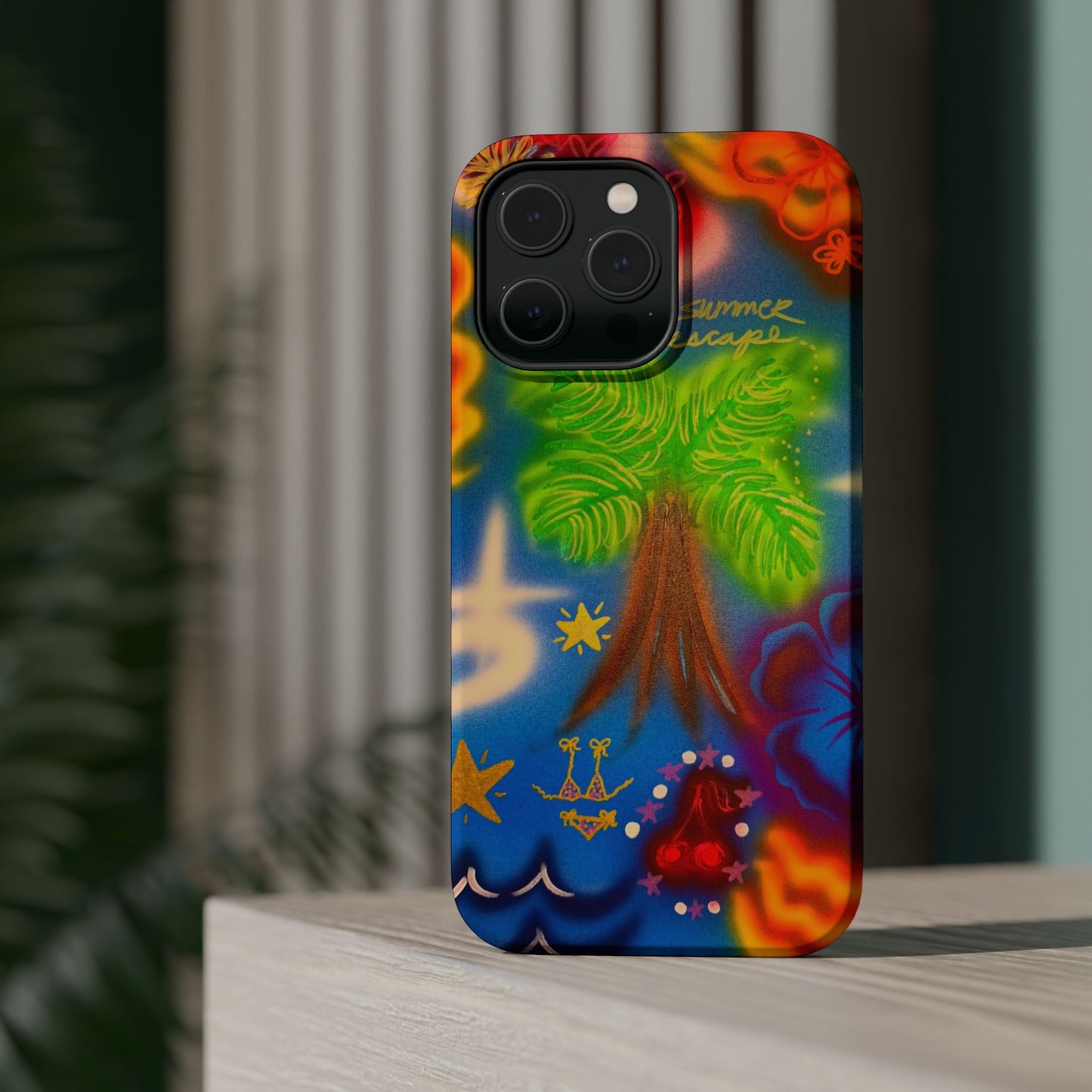MagSafe iPhone-Hülle mit „Neon-Blaue Palmen“-Airbrush-Design