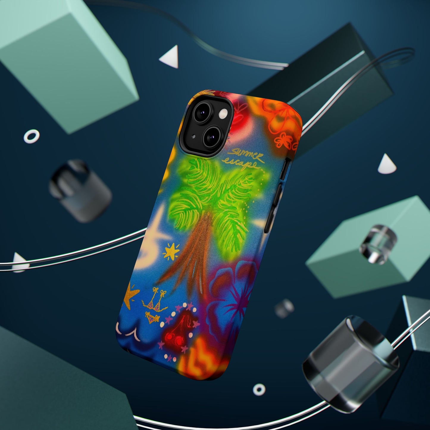 MagSafe iPhone-Hülle mit „Neon-Blaue Palmen“-Airbrush-Design