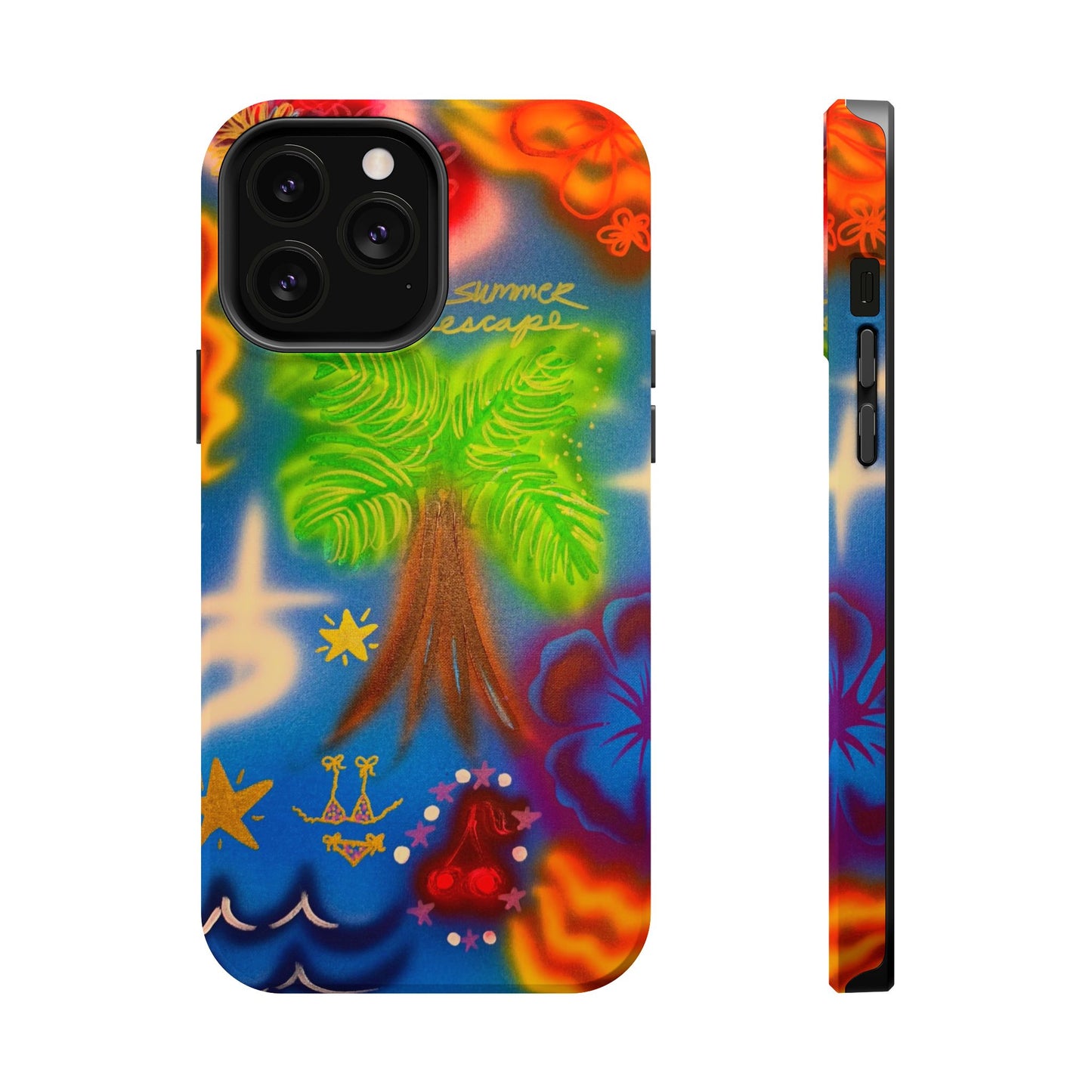 MagSafe iPhone-Hülle mit „Neon-Blaue Palmen“-Airbrush-Design