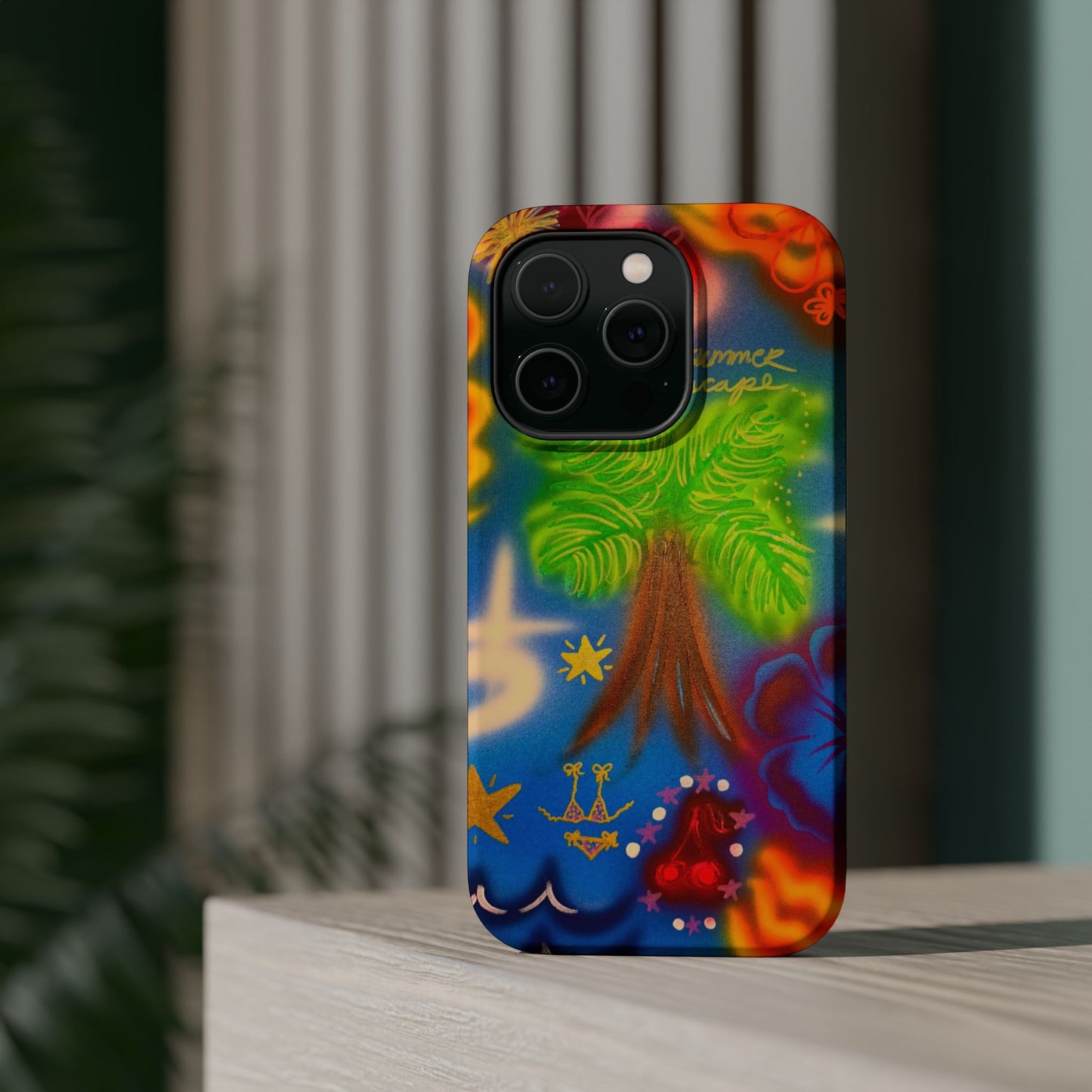 MagSafe iPhone-Hülle mit „Neon-Blaue Palmen“-Airbrush-Design