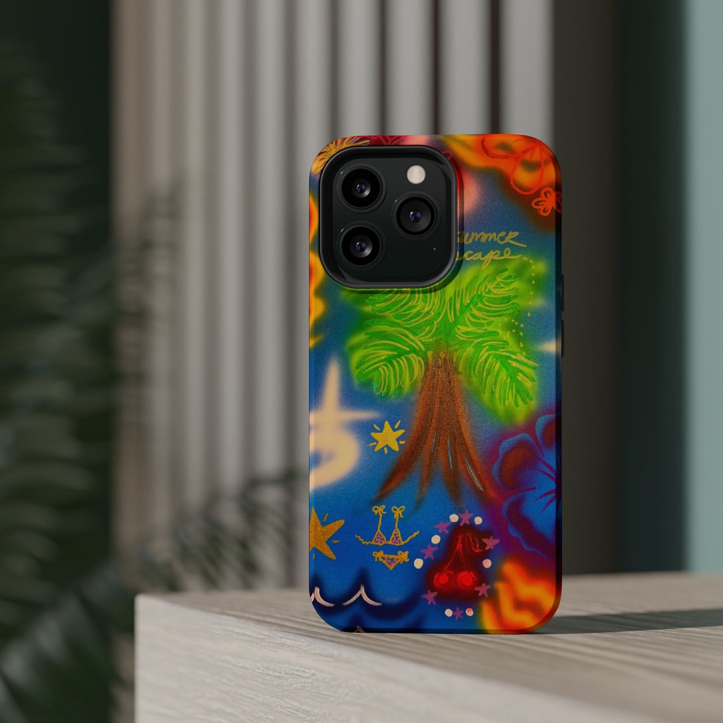 MagSafe iPhone-Hülle mit „Neon-Blaue Palmen“-Airbrush-Design