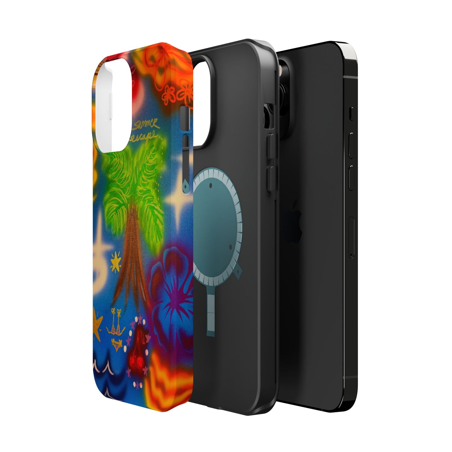 MagSafe iPhone-Hülle mit „Neon-Blaue Palmen“-Airbrush-Design