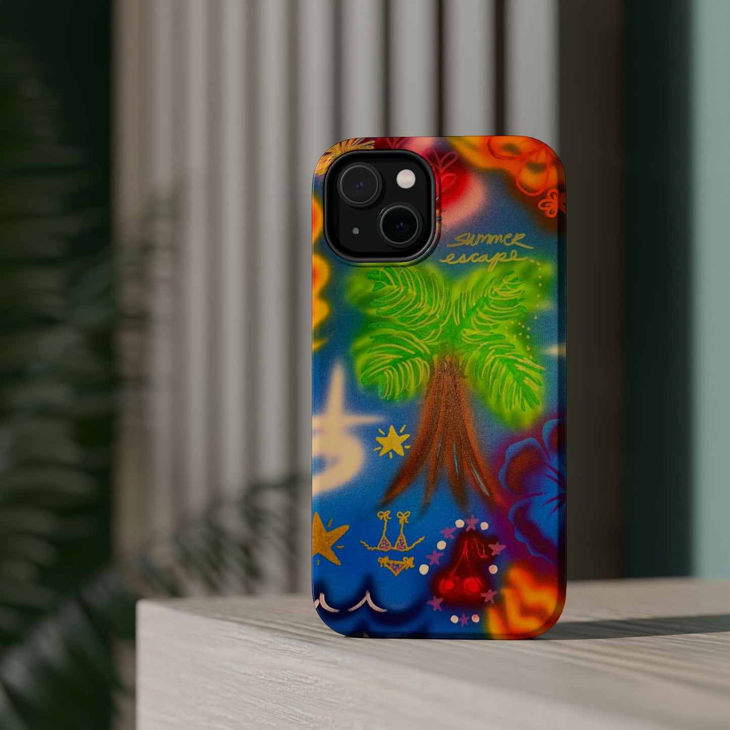 MagSafe iPhone-Hülle mit „Neon-Blaue Palmen“-Airbrush-Design