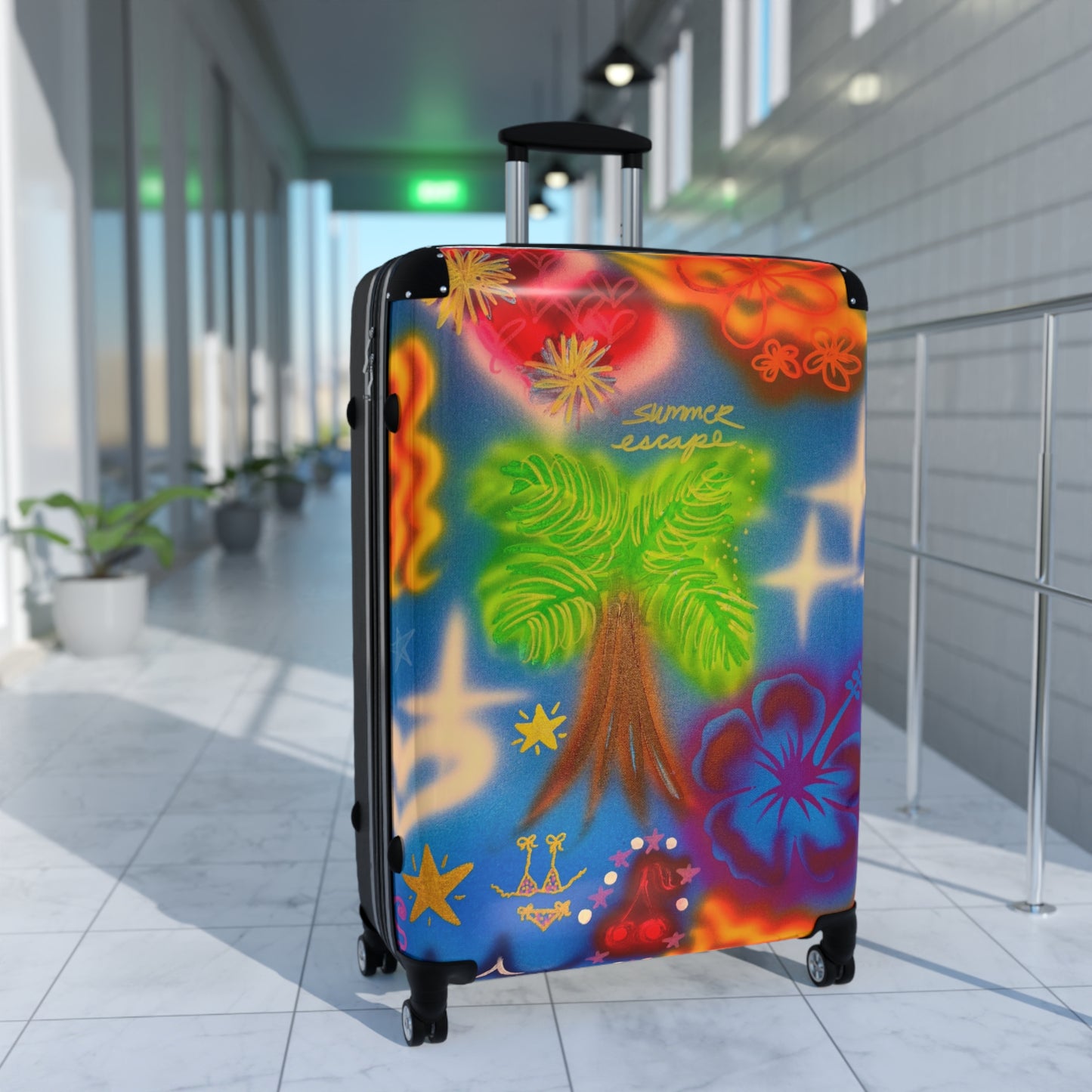 "blue neon palms" airbrush suitcase
