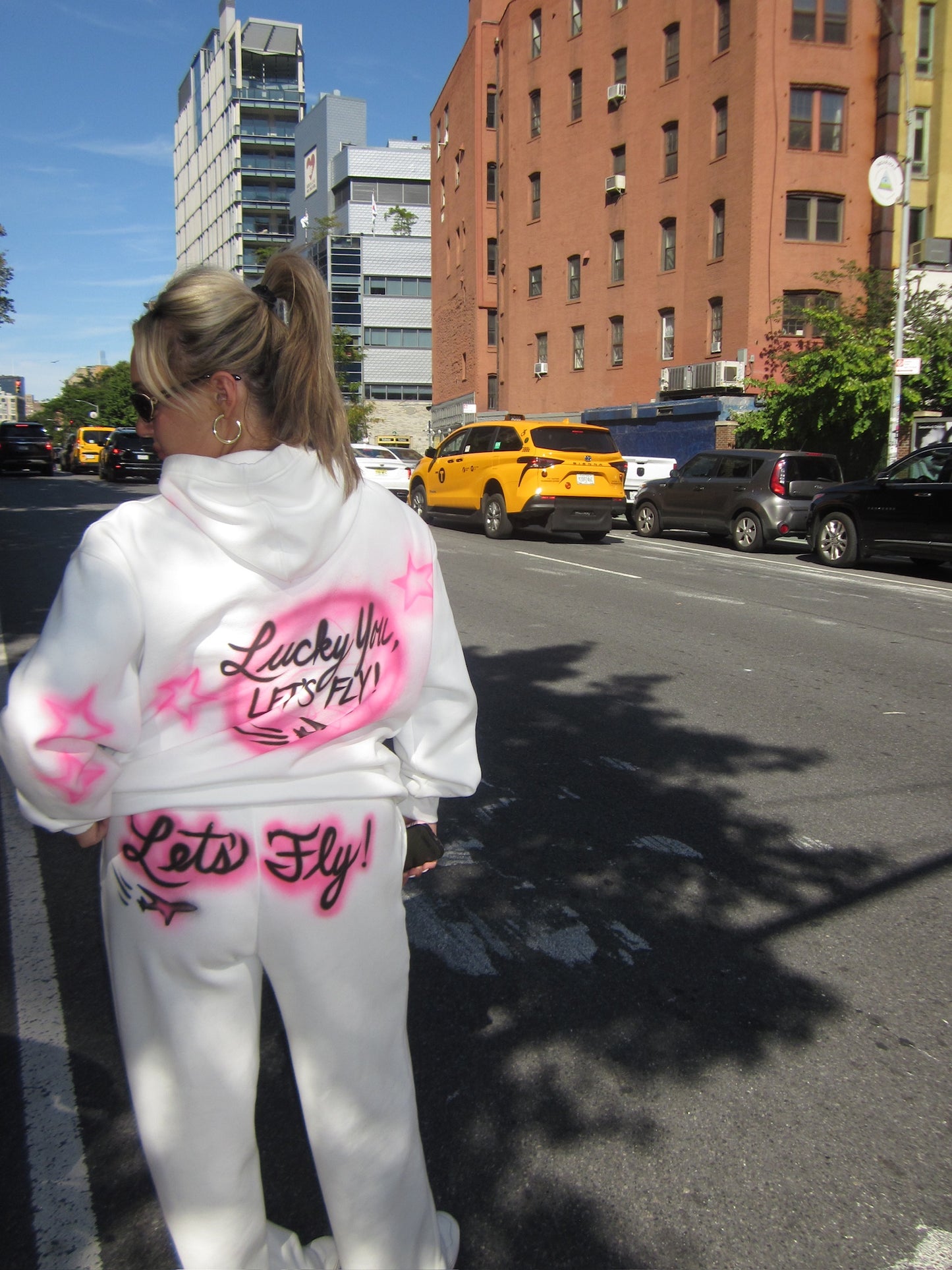 "lucky you, let's fly" airbrush sweatpants