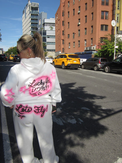 "lucky you, let's fly" airbrush sweatpants
